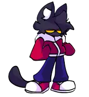 a black cat with yellow eyes is wearing a red jacket and jeans .