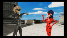 a ladybug and cat noir are standing next to each other on a rooftop