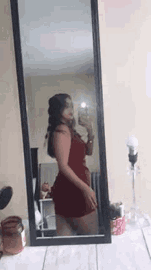 a woman in a red dress is taking a picture of herself in a mirror .