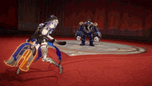 a video game character is standing next to a robot with a clock on it