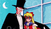 a man in a top hat and a woman in a mask are standing next to each other in front of a window