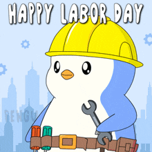 a penguin wearing a hard hat holding a wrench