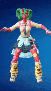 a girl with green hair and horns is wearing a tie and knee pads