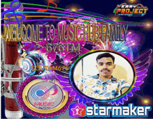 a poster with a picture of a man and the words welcome to music hub family
