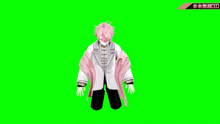 a girl with pink hair is kneeling down on a green background