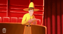 a cartoon character wearing a yellow hat and tie is standing in front of a red curtain holding a piece of paper .