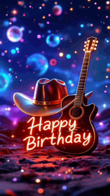 a birthday card with a cowboy hat and guitar