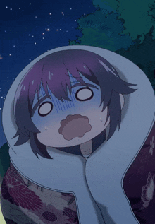 a girl with purple hair is wrapped in a blue blanket