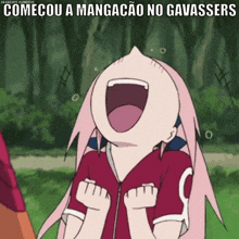 a cartoon of a girl with pink hair laughing with the caption comecou a mangacao no gavasses