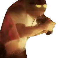 a blurred image of a person holding a camera with a white background