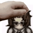 a hand is petting a cartoon character 's head with glasses .