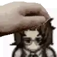 a hand is petting a cartoon character 's head with glasses .