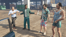 a group of men are standing in a dirt area with one wearing a blue tank top with stars on it