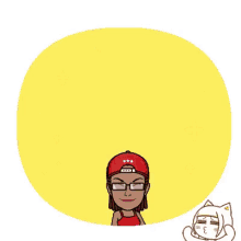 a cartoon woman wearing glasses and a red hat is holding a red rose .