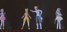 four anime characters are dancing on a stage