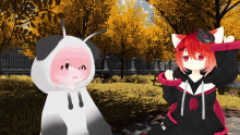 a girl with red hair is standing next to a white girl