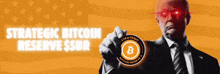 a man in a suit and tie is pointing at a coin that says strategic bitcoin reserve ssbr