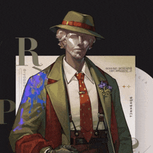 a statue of a man in a hat and tie with the letter r behind him