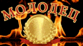 a gold coin with a laurel wreath surrounded by flames and the word molodeu