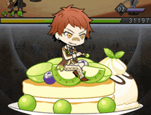 a cartoon character is sitting on top of a cake with the number 31117 on the bottom
