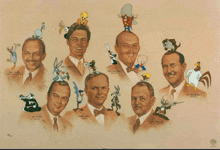 a painting of men with cartoon characters on their heads