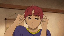 a cartoon character with red hair covering his ears with his fingers