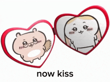a heart shaped mirror with a picture of a cat and the words now kiss