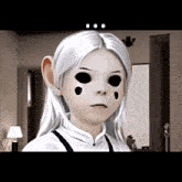 a cartoon girl with white hair and black eyes looks at the camera