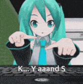 a cartoon girl is pointing at a keyboard with the words k.. y.a.and s. below her