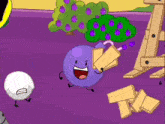 a cartoon of a purple bomb with a wooden stick sticking out of it 's mouth