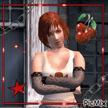 a woman with her arms crossed is surrounded by chains and cherries and says picmix on the bottom
