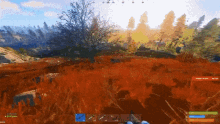 a screenshot of a video game shows a person standing in a field of red grass