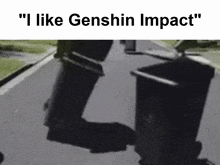 a couple of trash cans sitting on the side of a road .