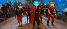 a group of pirates are dancing on a boat