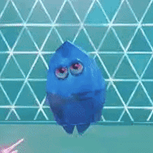 a blue cartoon character is standing in front of a purple wall with a green light coming out of it .