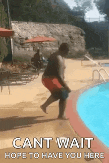 a man is jumping into a swimming pool with the words cant wait hope to have you here below him