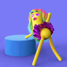 a yellow cartoon character with a purple skirt and wig