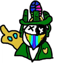 a cartoon drawing of a man wearing a green hat and a rainbow bandana .