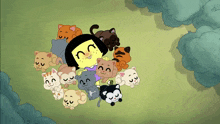 a cartoon girl is surrounded by a bunch of kittens including a black cat