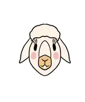 a cartoon drawing of a sheep 's head with pink spots on its cheeks and a tooth in its mouth .