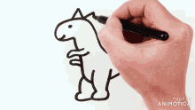 a hand draws a dinosaur on a piece of paper with the words made in animotica below it