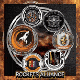 a group of rockets alliance coins are displayed on a poster