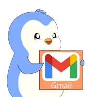 a penguin holding a sign that says gmail on it