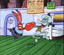 a cartoon of squidward and mrs. krabs with a sign that says galley grub
