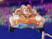 a cartoon character is driving a car with a medal on the front .