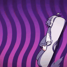 a purple and pink striped background with a cartoon character laying on it