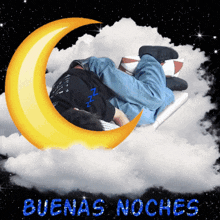 a picture of a person sleeping on a cloud with the words buenas noches written in blue