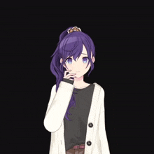 a girl with purple hair is wearing a white sweater