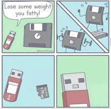 a cartoon shows a flash drive and a usb drive saying lose some weight you fatty