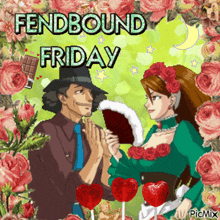 a picture of a man and a woman with the words fendbound friday on the bottom